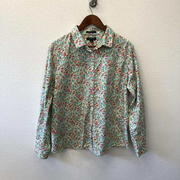 Lands End Button Up Shirt Womens Size 18 Green Floral No Iron Supima Cotton - Picture 1 of 7